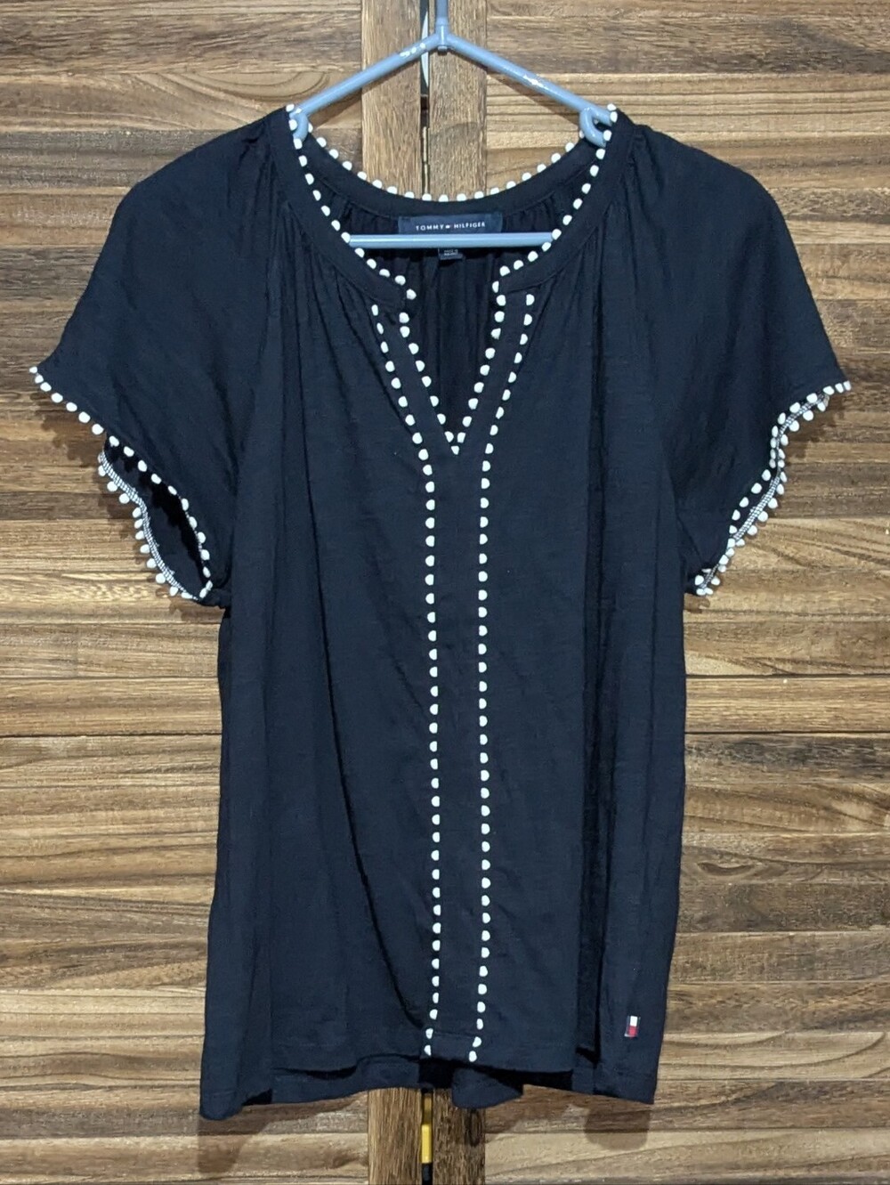 Tommy Hilfiger Bubble-Trim Split Neck Top - Black Boho Short Sleeve Blouse